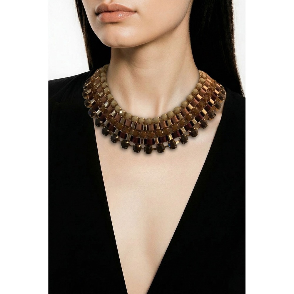 Multi Strand Earth Tone Statement Bib Necklace Gold Tone Brown Amber Cream NWOT